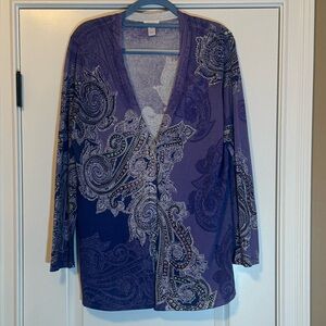 Chicos Ladies size 3 (XL) Purple Paisley Cardigan with button & sparkle